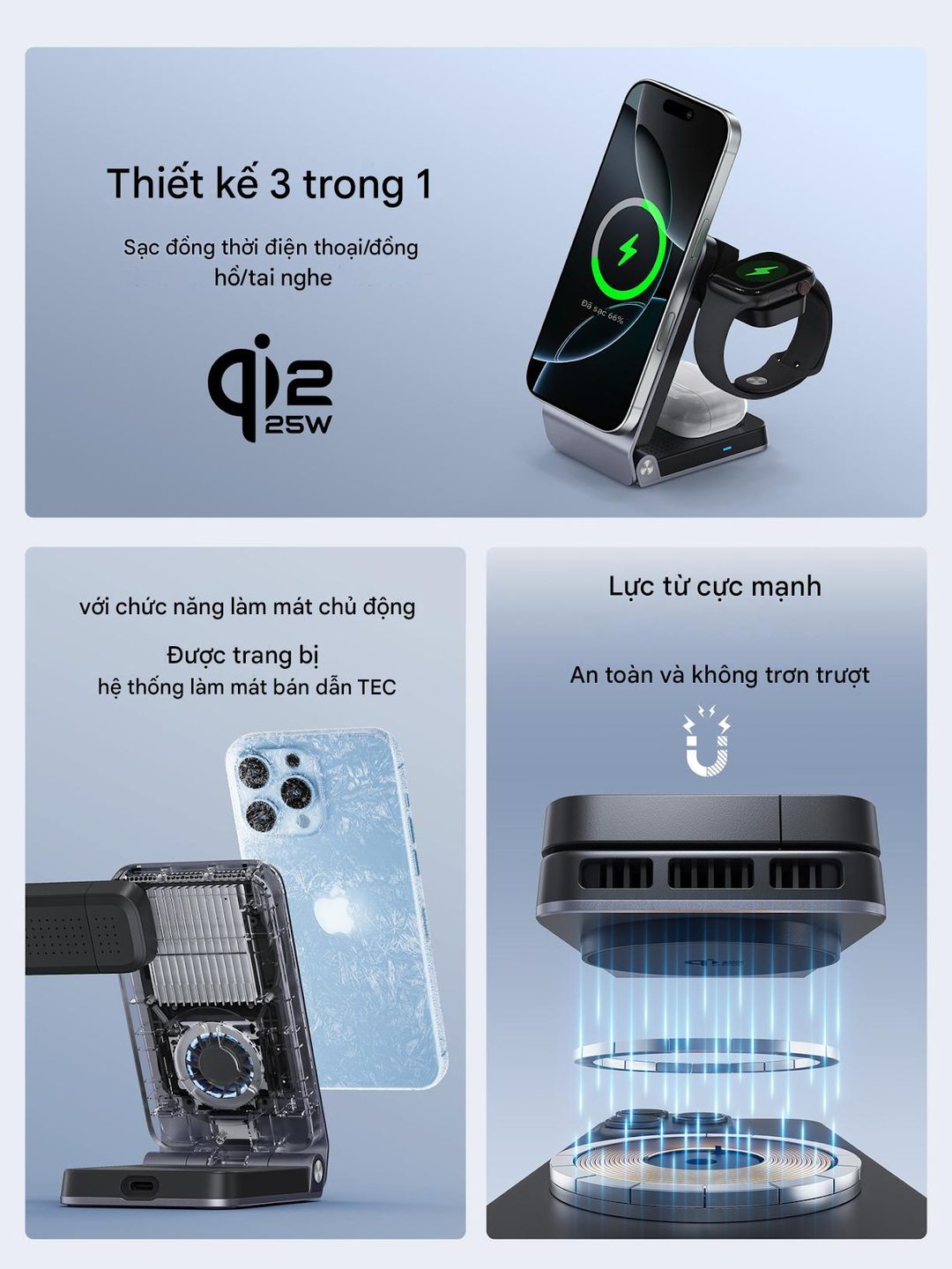 Thiết kế 3 trong 1, làm mát TEC, lực từ mạnh